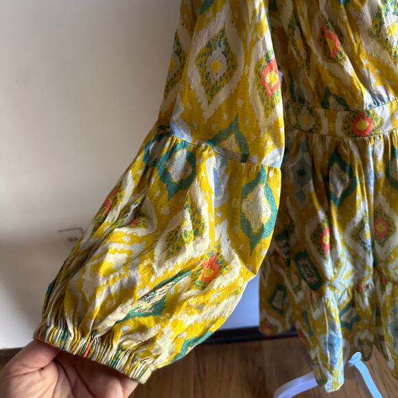CHARINA SARTE | Yellow Ikat Printed Cotton Mini Dress Puff Sleeve | Size Medium - Picture 4 of 9